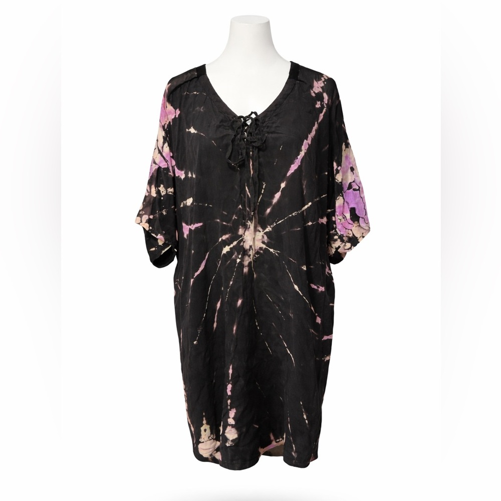 Gypsy 05 Tie Die Silk Dress Short Sleeve Black Purple Large Knee Length
